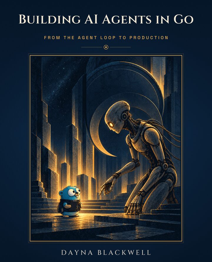 The cover of the book: a small blue gopher holding a clipboard stands in a pool of amber light on a stone plaza at night, while a towering stone android kneels and reaches toward it with an open hand.